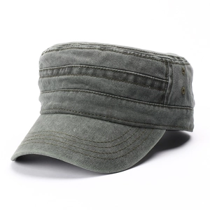 Washed Cotton Flat Top Cadet Hat Retro Military Style Adjustable Distressed Sun Protection Cap For Men