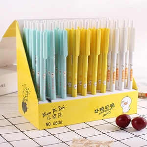 Bulk set of cute cartoon click gel pens in mint green, yellow, and white plastic barrels