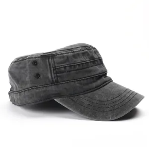 Close-up of vintage washed cotton military cap in dark grey with metal eyelets