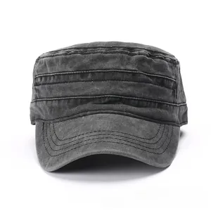 Detailed view of the dark grey washed cotton military flat top cap with triple stitching
