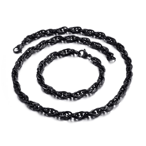 Polished black stainless steel jewelry set featuring unique chain necklace and bracelet
