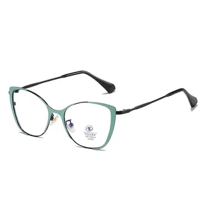 Cat eye metal glasses frames in black and mint green with anti-blue light protection