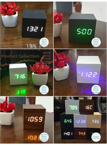 Vari stili di orologi LED in legno che mostrano ora e temperatura in diversi colori vivaci