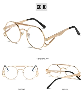 Detailed view of steampunk round metal glasses with spring temples and golden alloy frame