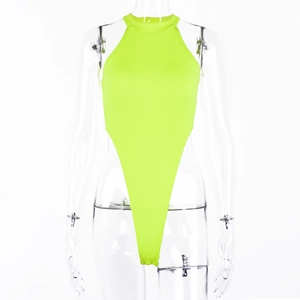 Close-up of neon green high-cut ribbed bodysuit with sleeveless halter neck design