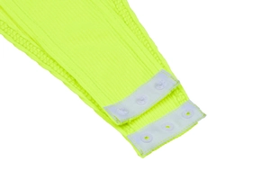 Close-up of fluorescent green ribbed bodysuit with triple snap button closures