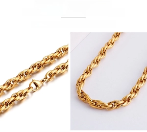 Detail view of gold titanium steel link chain with lobster clasp featuring rust resistance