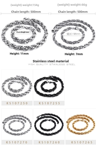 Detailed size comparison of gold, silver, and black stainless steel rope chain sets