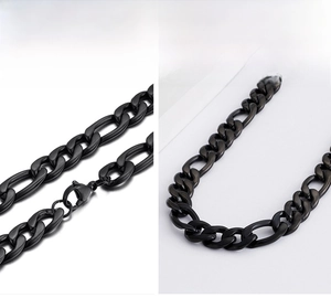 Close-up of matte black stainless steel Figaro chain with durable lobster clasp closure