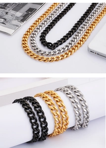 Three-color chunky curb chain necklaces and bracelets in gold, silver, and black metal finish
