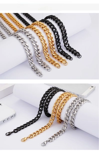 Detailed view of 10mm stainless steel Cuban link chains in gold, silver and black