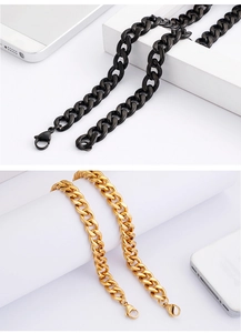 Detailed close-up of men's stainless steel Cuban link chains in black and gold finishes