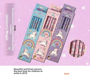 Close-up of Magical World unicorn HB pencils in pink, blue and purple boxed sets