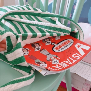Detail of green and white striped canvas tote bag showing large capacity for magazines