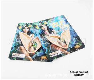 Detailed macro view of soft latex elf ears set on illustrated retail packaging cards