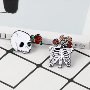 Cartoon alloy skull and ribcage enamel pins with red roses for bags and clothes