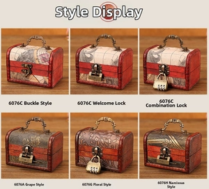 Detailed comparison of vintage wooden jewelry boxes with diverse patterns and metal locks