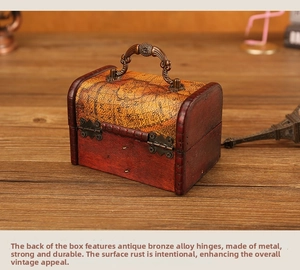 Detail of vintage wooden box with antique bronze alloy handle and retro world map design