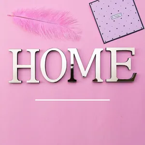 Silver mirror acrylic HOME alphabet wall stickers on pink background for home decor