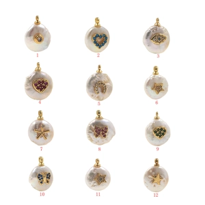 Baroque pearl button pendants with gold charms in heart and evil eye shapes for DIY necklaces