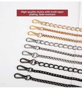 Detail of high-quality metal replacement chains for handbags in gold, silver, and black