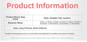 Detailed specification chart for metal bag chains showing sizes, colors and plating styles