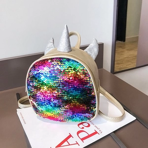 Colorful sequin unicorn mini backpack detail view, featuring sparkling sequins and cute horns.