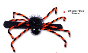 Detailed macro of 3D Halloween spider slap bracelet with plush texture and striped legs