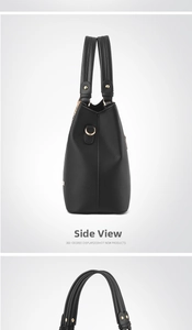 Side view and detail of black pebbled leather tote bag with gold hardware and top handles