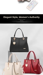 Detailed view of three structured PU leather tote bags in black, beige, and red colors
