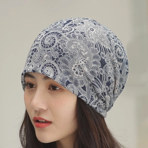 Blue and white paisley print slouchy beanie hat for women made of soft breathable fabric
