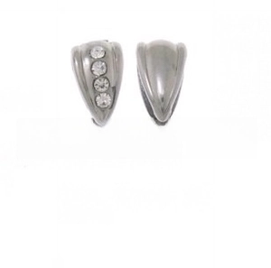 Polished stainless steel beads with inlaid vertical white crystals on white background