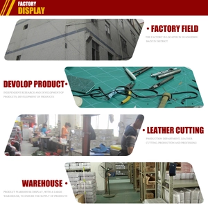 Vue d'usine de maroquinerie montrant la R&D, la coupe du cuir et les installations de stockage
