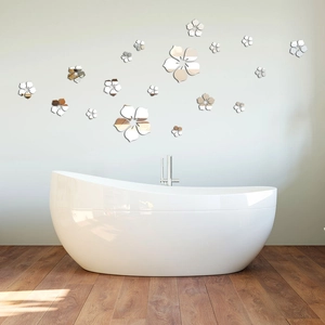 3D acrylic flower mirror wall stickers applied on a modern bathroom wall for decoration