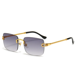 Fashionable rimless square sunglasses with purple gradient lenses and gold twist metal legs