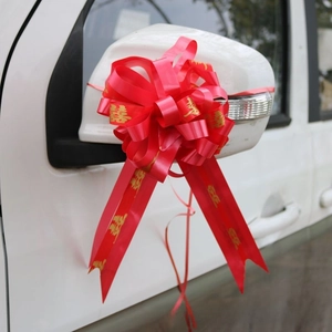 Detail of red wedding car bow with gold Double Happiness symbol on car mirror