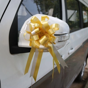 Close-up of yellow and silver spherical pull bow ribbon on a car side mirror