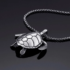Polished stainless steel sea turtle pendant necklace for men with vintage metal textures
