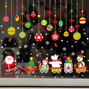 Festive Christmas window stickers with Santa, snowman, and reindeer on glass panel