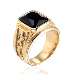 Vintage golden stainless steel men's ring with black gemstone and dragon relief