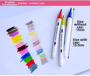 Dual-tip watercolor marker showing brush and fine nibs with precise length measurements