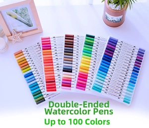 Detail view of 100 colors dual tip watercolor markers in tray for art and drawing
