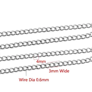 Polished stainless steel curb chain links 3mm wide for DIY jewelry making and necklaces