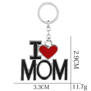 Polished silver metal keychain for Mom with red heart and I Love MOM text design
