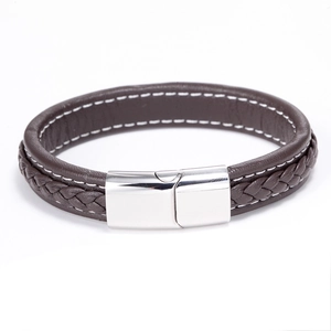 Brown woven leather bracelet for men with white stitching and silver magnetic metal clasp