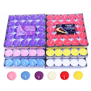 Bulk 50-pack scented tea lights in multiple vibrant colors with smokeless wax