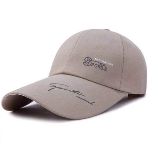 Detail of embroidered SPORTS recreation text on a beige canvas baseball cap
