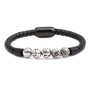 Mens woven leather bracelet with distressed silver beads and magnetic clasp