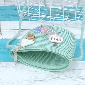 Kids cute mint green woven straw crossbody bag with colorful dot accents and rope strap
