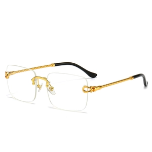 Fashion rimless square sunglasses with gold twisted metal temples and black tips for women